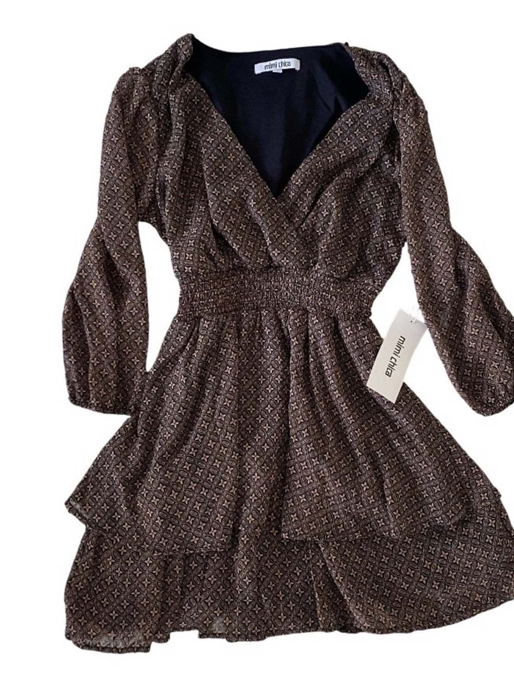 Mimi Chica Brown Printed V-Neck Tiered Long Sleeve Dress